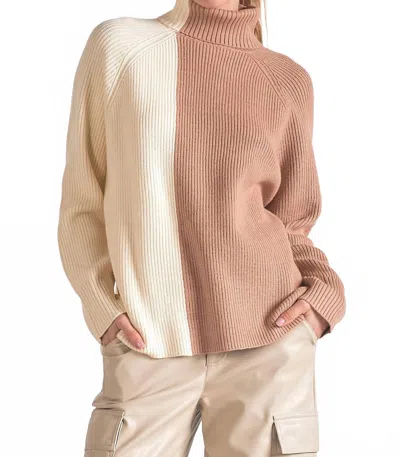 Elan Turtle Neck Sweater In White Beige Color Block In Multi