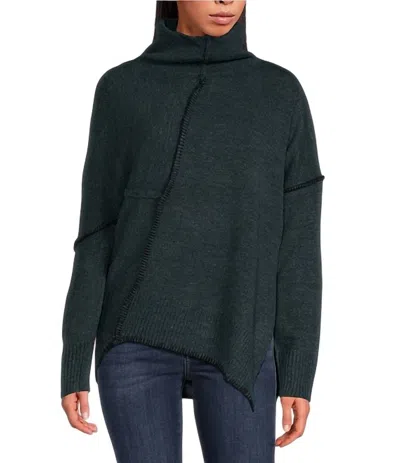 Elan Turtleneck Long Sleeve Asymetrical Sweater In Teal Blue