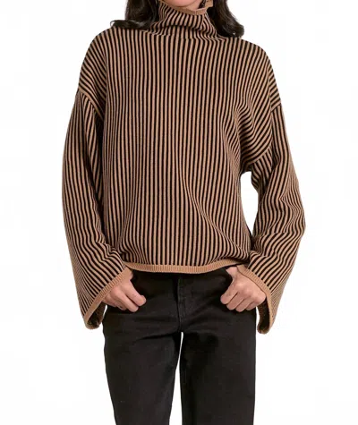 Elan Versatile Timeless Striped High Neck Sweater In Tan Black Stripe In Brown