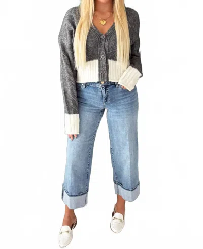 Elan Two Tone V-neck Button Front Sweater In Grey/white In Black