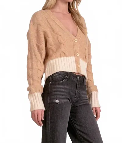 Elan Two Tone V-neck Button Front Sweater In Tan/natural In Brown