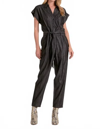 Elan Utility Short Sleeve Belted Jumpsuit In Dark Grey Wash In Black