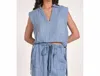 Elan Chambray Cinch Waist Top In Denim