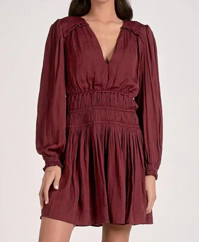 Elan V-neck Long Sleeve Smocked Waist Dress In Plum In Burgundy
