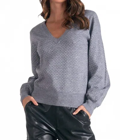 Elan V-neck Rinestone Sweater Top In Grey In Gray
