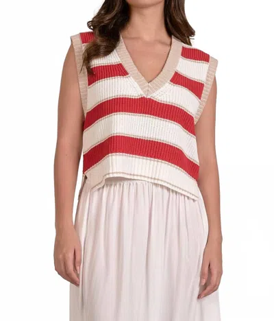 Elan V Neck Sleeveless Sweater In Red/wht In White