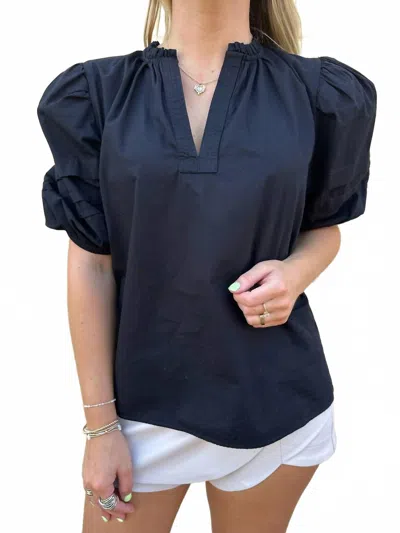 Elan V-neck Top With Bubble Sleeve In Black In Blue
