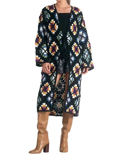 Elan Valentina Granny Square Sweater Cardigan In Multi Black