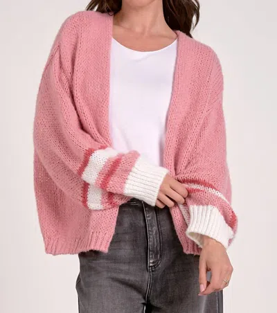 Elan Varsity Open Front Sweater Cardigan In Pink