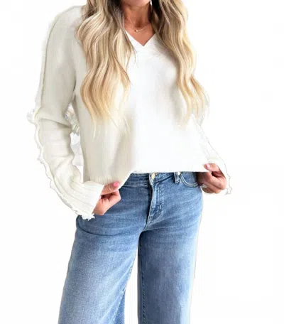 Elan V-neck Fringe Arm Sweater In White