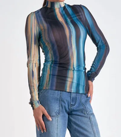 Elan Watercolor Long Sleeve Mockneck Top In Blue Oslo