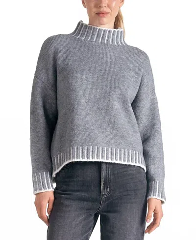 Elan Whipstitched Edge Mock Neck Sweater In Grey In Gray
