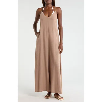 Elan Wide Leg Cotton & Linen Blend Cover-up Jumpsuit In Brown