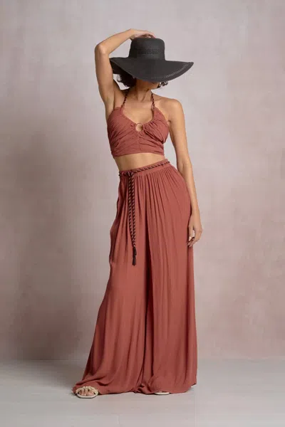 Elan Wide Leg Pants With Rope Tie In Dark Cayenne In Brown