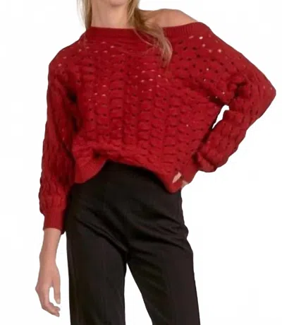 Elan Wide Neck Open Knit Crochet Sweater In Red
