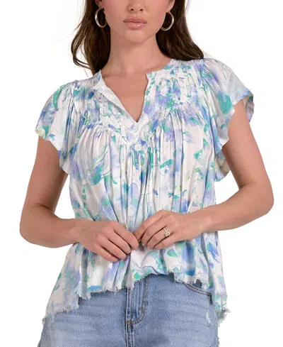 Elan Women's Allure Cotton Flutter-sleeve Frill-hem Top In Blue Allure