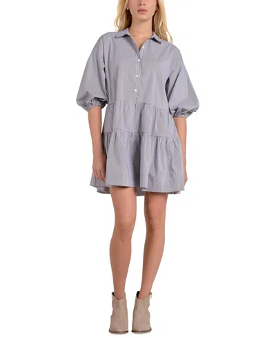 Elan Collared Button Front Tier Dress In Black Stripe In Blue