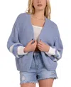 Shop Elan Women's Cotton Collarless Open-front Knit Cardigan In Blue