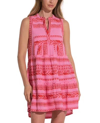 Elan Women's Embroidered Sleeveless Tiered Dress In Red Two Tone Print
