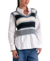 Elan Striped V-neck Long Sleeve Sweater Vest Shirt In Blue In Blue Multi