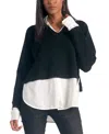 Elan Stevie Layered Sweater/shirt Combo In Black/white In Black