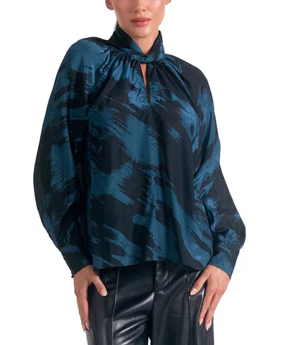 Elan Women's Printed Twisted Mock-neck Blouse In Blue Montreal