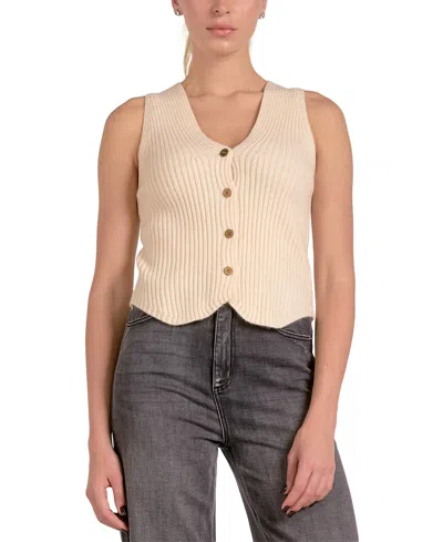 Elan Women's Ribbed-knit Sleeveless Button-front Vest In Natural