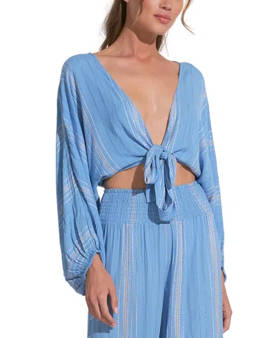 Elan Women's Striped Tie-front Long-sleeve Top In Blue Lilac Stripe