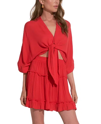 Elan Women's Tie-front 3/4-sleeve V-neck Blouse In Red