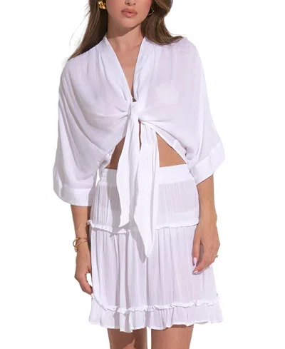 Elan Women's Tie-front 3/4-sleeve V-neck Blouse In White