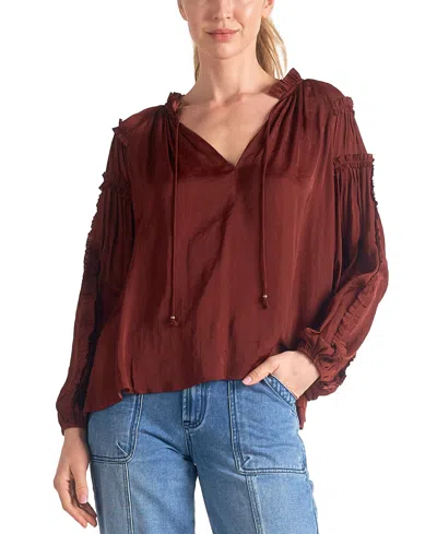 Elan Women's Tie-neck Ruffled-trim Long-sleeve Top In Brick