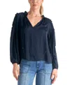 Shop Elan Women's Tie-neck Ruffled-trim Long-sleeve Top In Navy