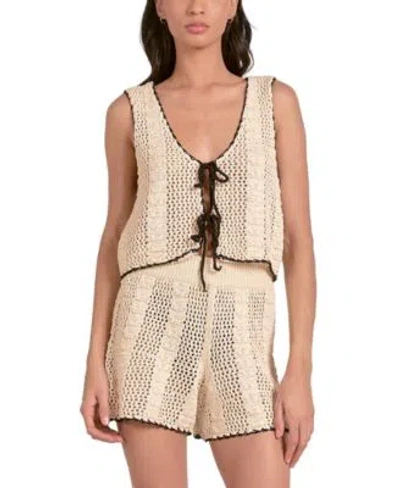 Elan Womens Crochet Tipped Tie Front Vest Crochet Tipped High Waisted Pull On Shorts