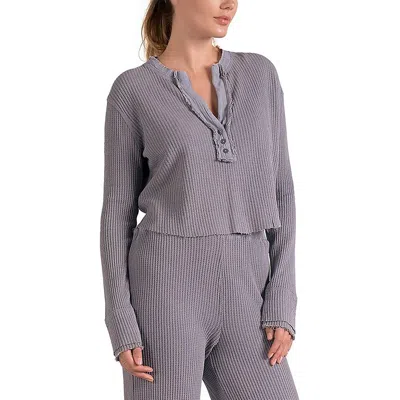 Elan Womens Raw Hem Waffle Henley In Grey