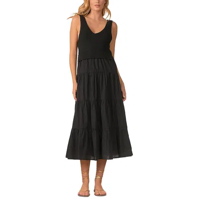 Elan Womens Solid Polyester Midi Dress In Black Black Combo