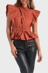 Elan Wrap Top With Flutter Pleated Sleeve In Rust In Multi
