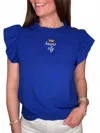 Elby Designs Apparel Mock Neck Ruffle Blouse In Royal Blue