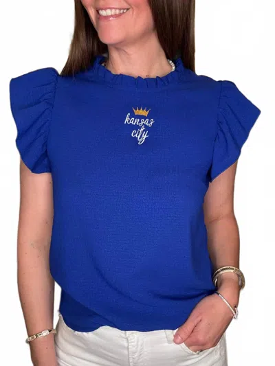 Elby Designs Apparel Mock Neck Ruffle Blouse In Royal Blue