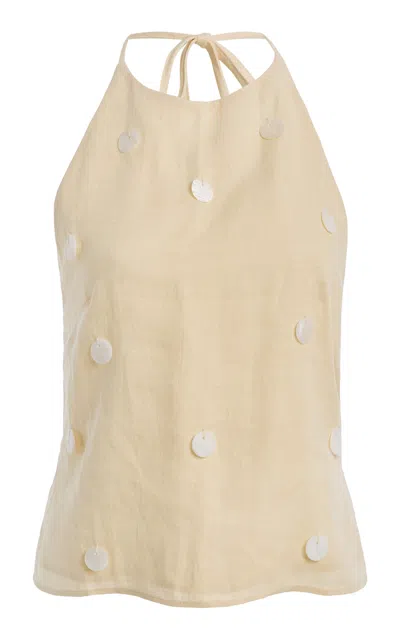 Elce Oceane Embellished  Linen Top In Neutral