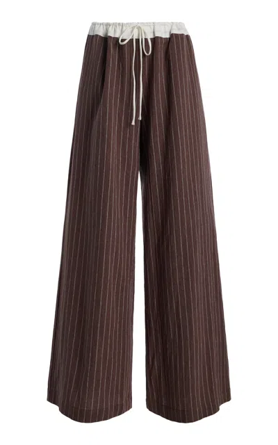 Elce Verci Striped Cotton-linen Wide-leg Pants In Brown