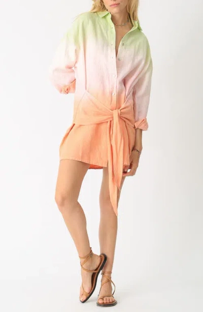 Electric & Rose Aubrey Ombré Long Sleeve Tie Front Linen Shirtdress In Orange