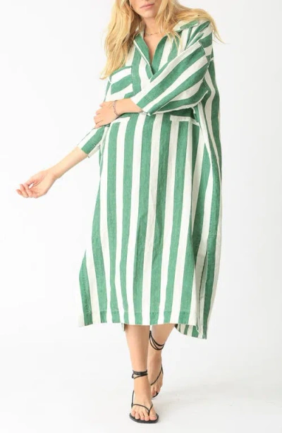 Electric & Rose Mary Cabana Stripe Linen Midi Dress In Green