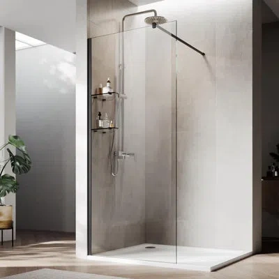 Elegant 36”w*74”h Frameless Shower Screen With 8mm Clear Tempered Glass, Glass Shelves In Matte Black