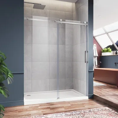 Elegant 60" W X 72" H Frameless Sliding Shower Door With 5/16'' Tempered Glass In Brushed Nickel