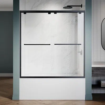 Elegant 60tub 60"w X 62"h Semi-frameless Bathtub Shower Door With 1/4" Clear Tempered Glass In Matte Black