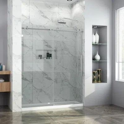 Elegant 64" Single Sliding Shower Door With 10mm Clear Tempered Glass,frameless?brushed Nickel