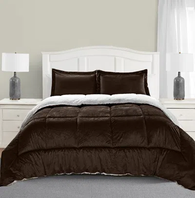 Elegant Comfort 3-piece Micro-suede Reversible Sherpa - Solid Color Design Comforter Set In Brown