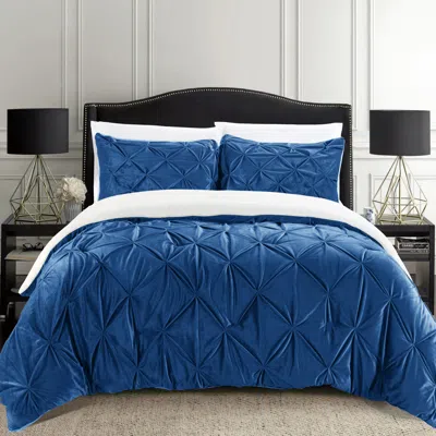 Elegant Comfort 3-piece Pinch Pleated Micro-suede Reversible Sherpa - Comforter Set In Blue
