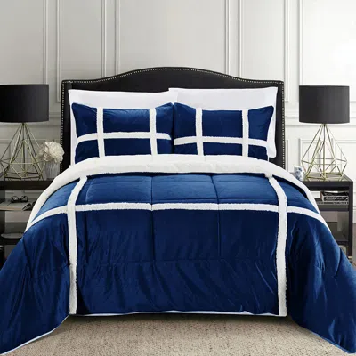 Elegant Comfort 3-piece Stripe Micro-suede Reversible Sherpa Comforter Set In Blue