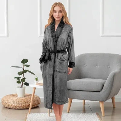 Elegant Comfort Luxurious Womens Spa Plush Fleece Bathrobe With Shawl Collar And Pockets - Velvet Soft Fluffy, Warm  In Gray